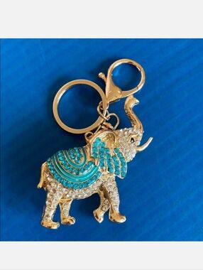 Elephant With Turquoise Rhinestones And Gold Hardware Bagcharm/Keychain